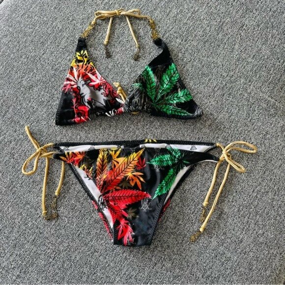 VTG Y2K Christian Audigier 2PC Bikini Sz L Rasta Leaf Print Gold Chain Luxe Swim - Picture 2 of 9